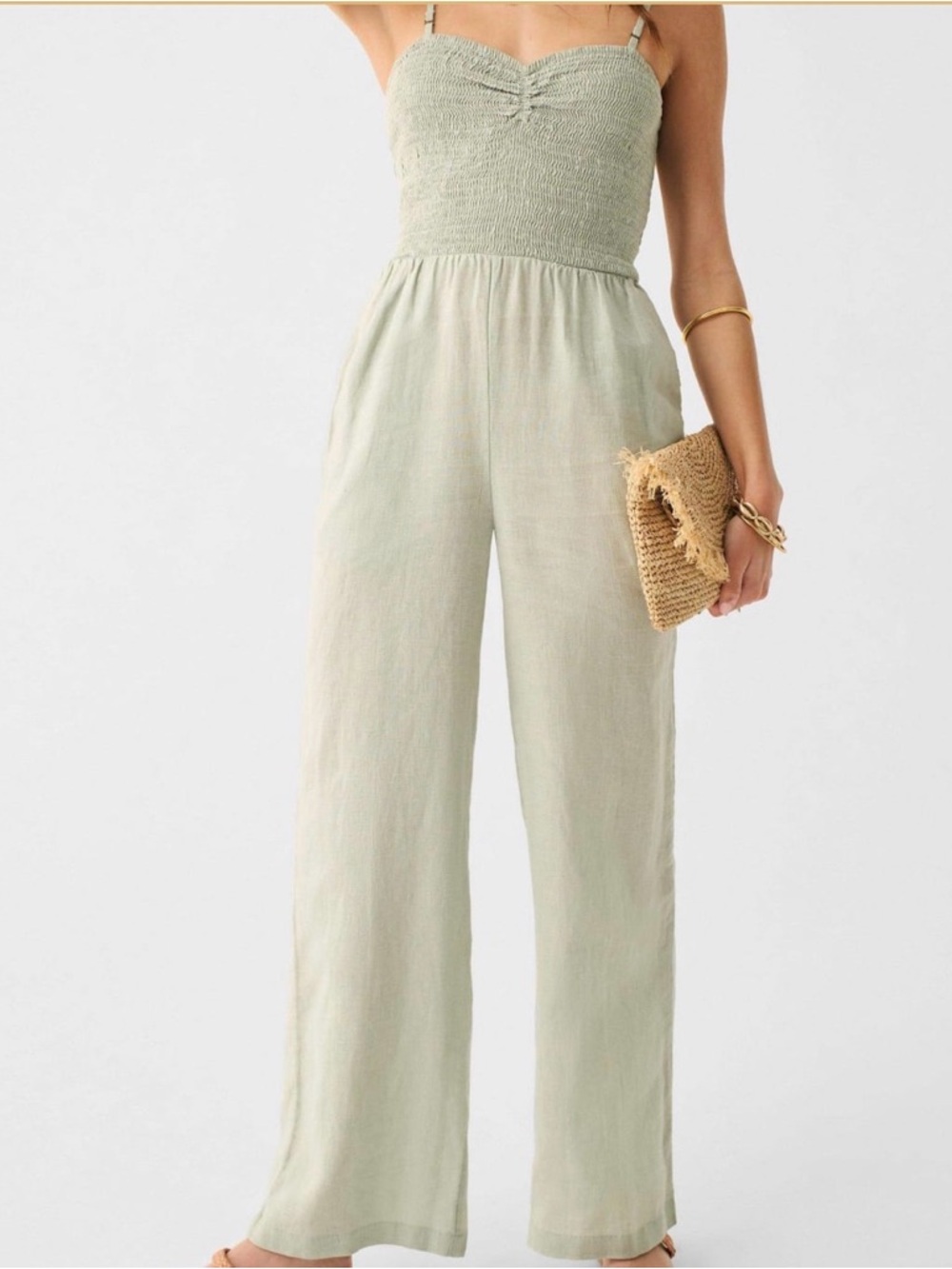 Faherty Mandy Smocked bodice linen Strappy Jumpsuit in Sage Green